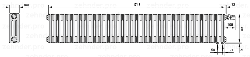 Схема (чертеж) Радиатор Zehnder Charleston 3030/38 №V002 Белый глянцевый RAL 9016